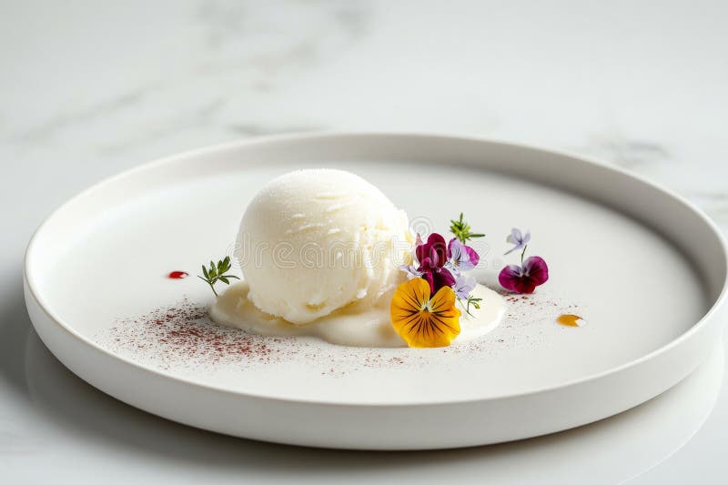 En vackert utformad dessert visar en enda sorbet adorberad med levande ätliga blommor. Minimalistplattan arkivbilder