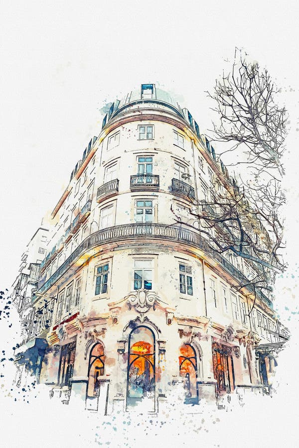 En vattenfärg skissar eller en illustration europeiskt traditionellt för arkitektur Hörnet av en typisk byggnad i Porto in royaltyfri illustrationer En vattenfärg skissar eller en illustration europeiskt traditionellt för arkitektur Hörnet av en typisk byggnad i Porto in royaltyfri illustrationer