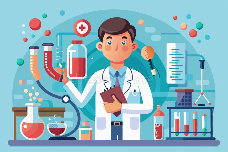 En vetenskapsman i en labbrock undersöker blodprover medan han arbetar med blodundersökningar vid en laboratoriekartoon som kan an vektor illustrationer