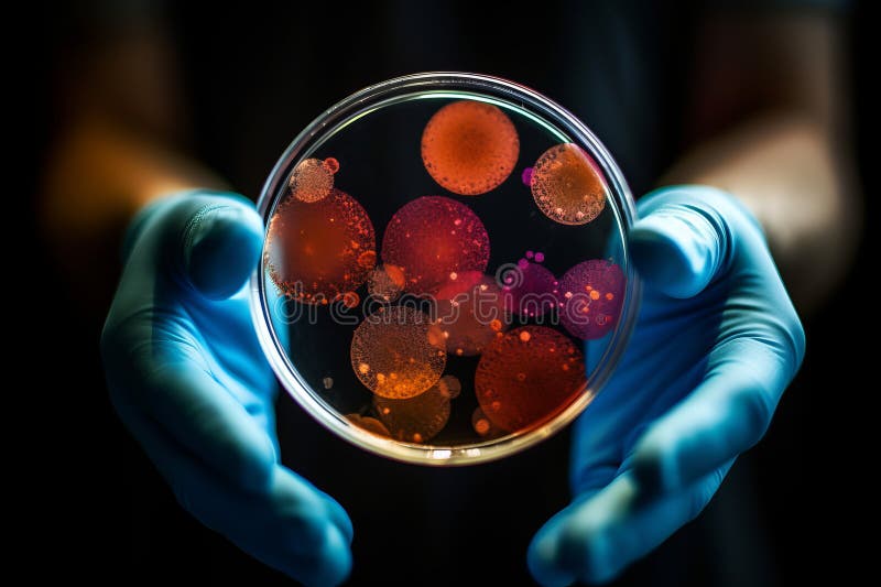 En vetenskapsman som håller en petriskål med virus och bakteriecellernas ai-generering vektor illustrationer