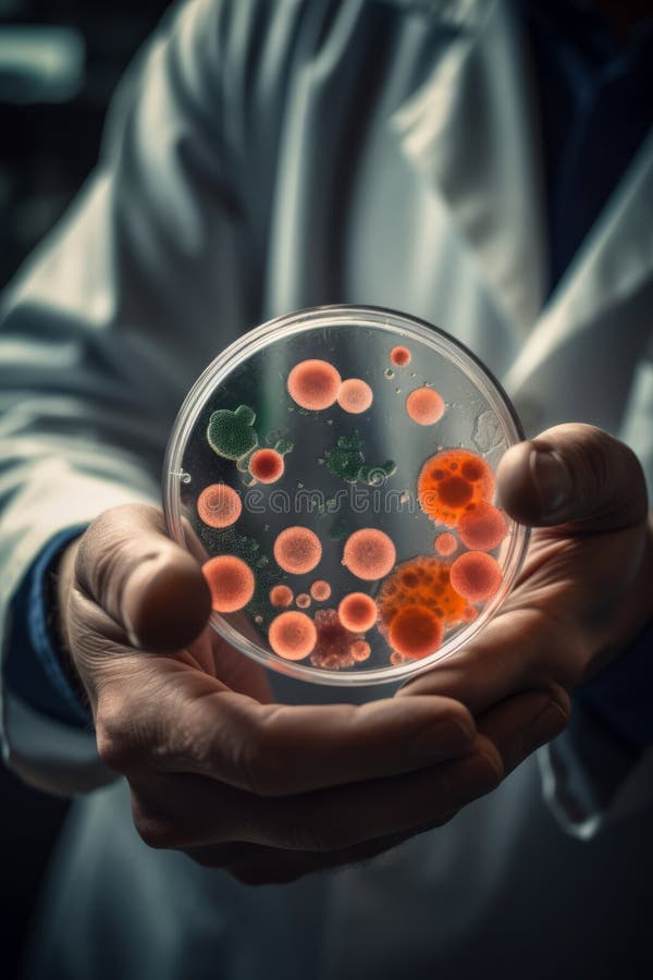 En vetenskapsman som håller en petriskål med virus och bakteriecellernas ai-generering vektor illustrationer