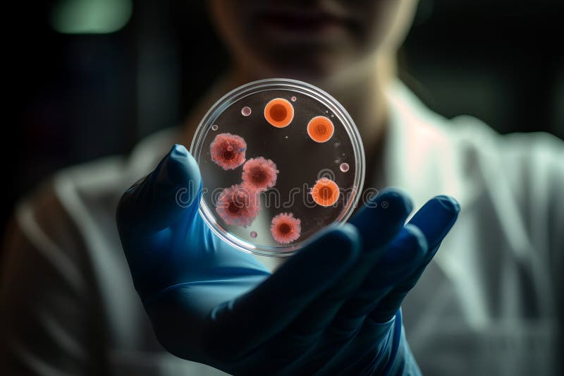 En vetenskapsman som håller en petriskål med virus och bakteriecellernas ai-generering royaltyfri illustrationer