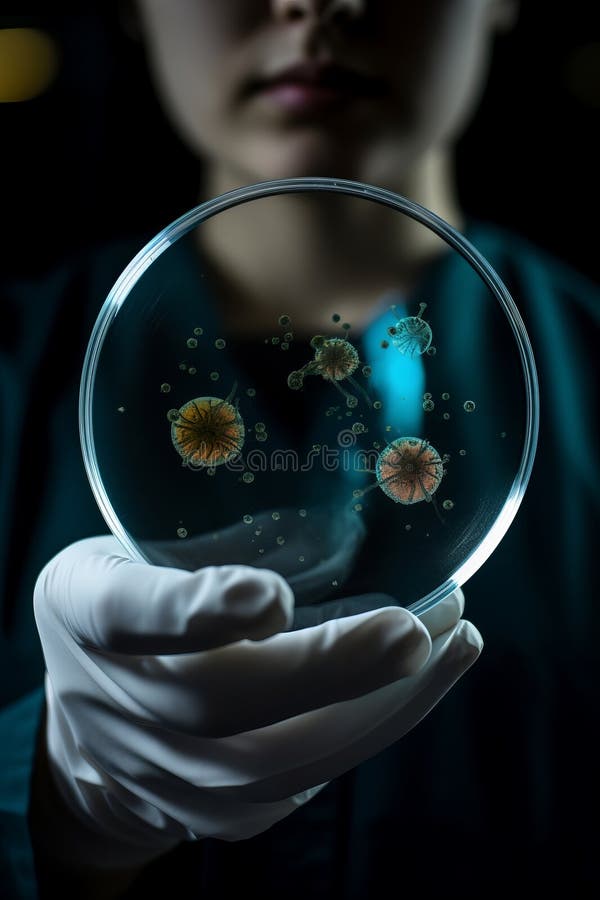 En vetenskapsman som håller en petriskål med virus och bakteriecellernas ai-generering vektor illustrationer