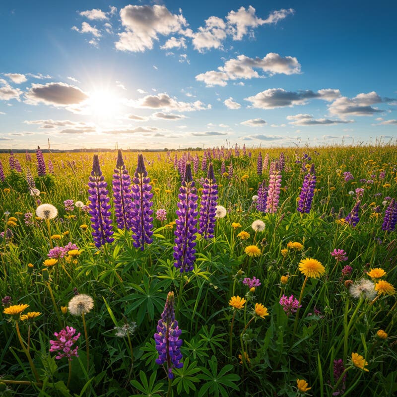 En vibration vid solnedgång med lång lila lupines Lupinus spp. omgiven av en vektor illustrationer