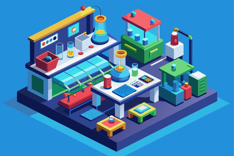 En vibrerande isometrisk illustration visar ett anpassbart laboratorium med olika utrustning och arbetsområden i laboratoriet stock illustrationer