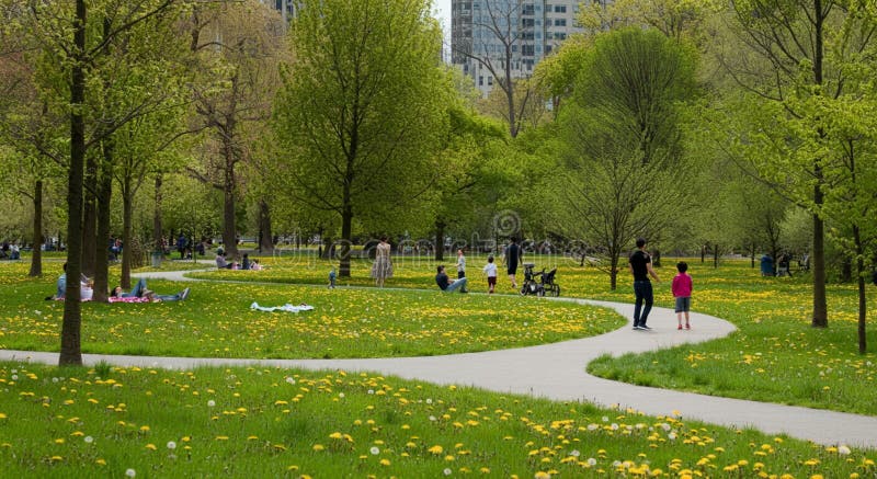 En vibrerande parkscen med en lindningsbana omgiven av lush green-gräs och stock illustrationer