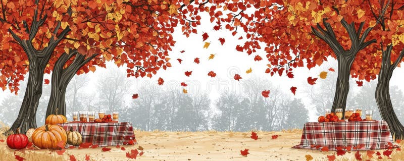 En vismisk höstpicknick är placerad under en kanopi av visköla träd som deras blad ablaserar i en härlig nyans av rött orange och vektor illustrationer