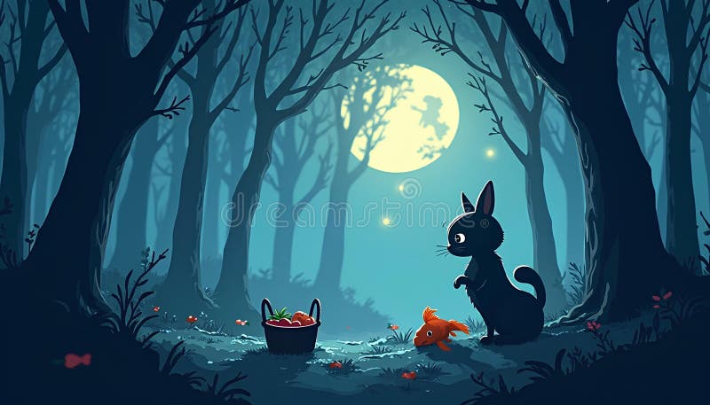 En vismisk scen i en månbelyst skog har en bla royaltyfri illustrationer