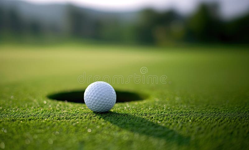 En vit golfboll är nära att komma in i det gröna hålet på ett gröngräskurs stock illustrationer