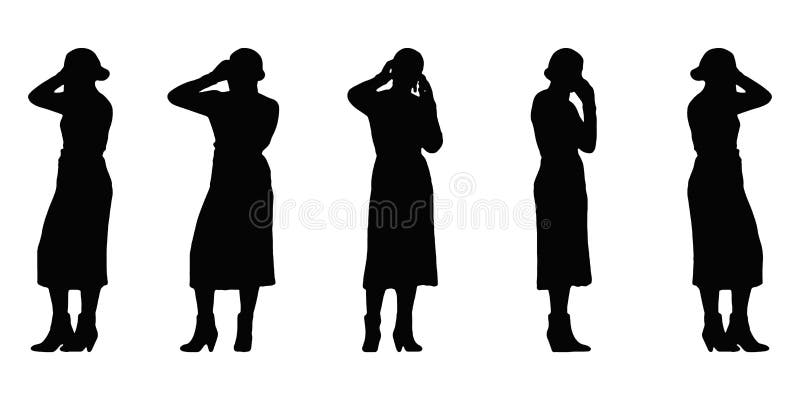 Silhouette of a well dressed business woman from multiple angles holding mobile phone on her ear and talking. Isolated vector silhouettes. Silhouette of a well dressed business woman from multiple angles holding mobile phone on her ear and talking. Isolated vector silhouettes