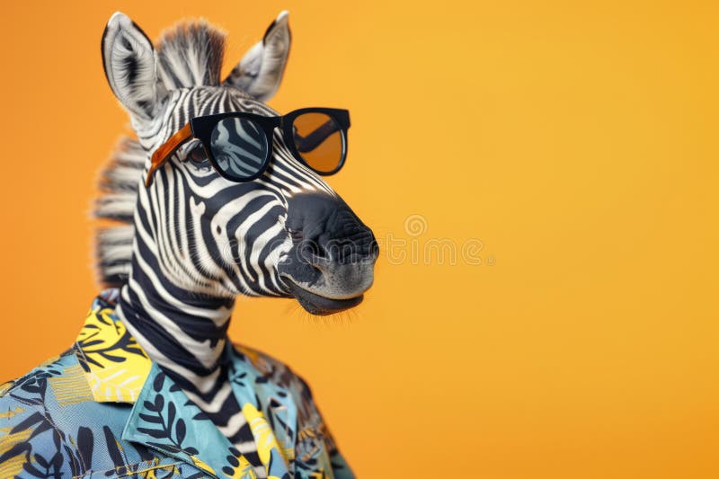 A zebra with a whimsical flair, wearing sunglasses and a patterned shirt, set against a vibrant orange backdrop. A zebra with a whimsical flair, wearing sunglasses and a patterned shirt, set against a vibrant orange backdrop