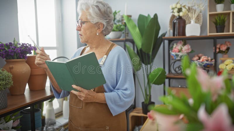 En äldre kvinna med glasögon och apron som skriver i en bärbar dator mitt i en blomma i en godisbutik arkivfoton