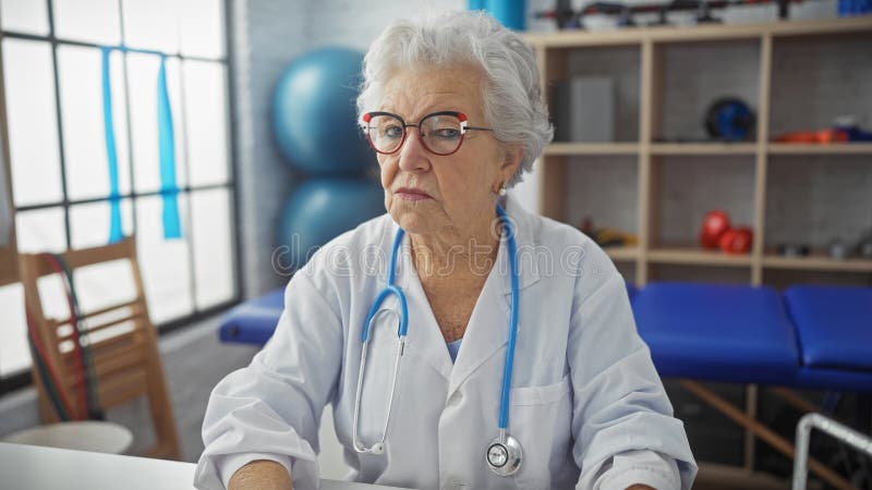 En äldre kvinnlig läkare i en vit labbrock sitter i ett intensivt upplyst rehabiliteringscenter arkivfoton