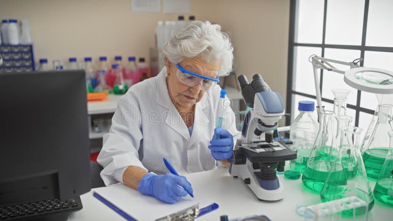En äldre kvinnlig vetenskapsman analyserar prover i ett laboratorium när man tar anteckningar royaltyfri bild