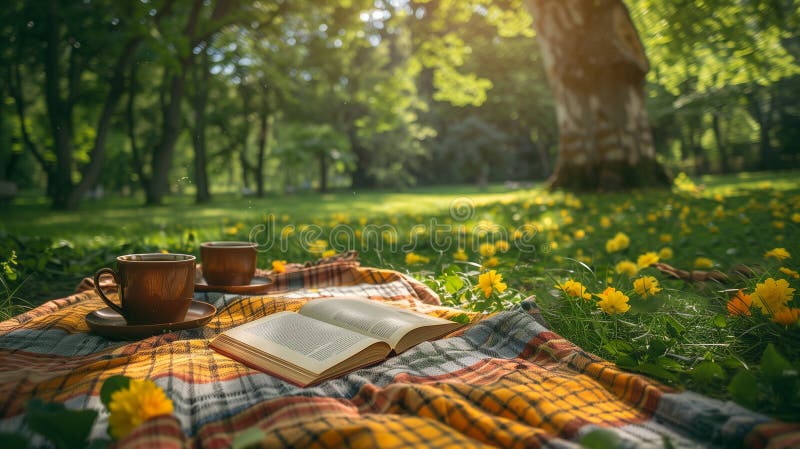 En öppen bok och två kopp kaffe på en kontrollerad filt omgiven av dandelioner i en solbelyst park. en bok och en picnic vektor illustrationer