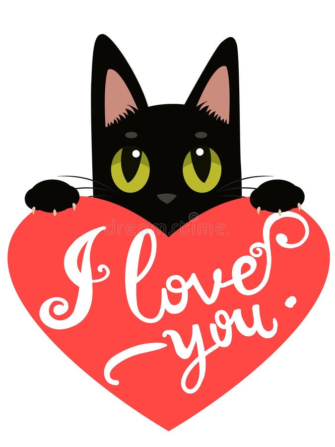 Enamored Cat with Heart and Text I Love You. Hand Drawn Inspirational ...