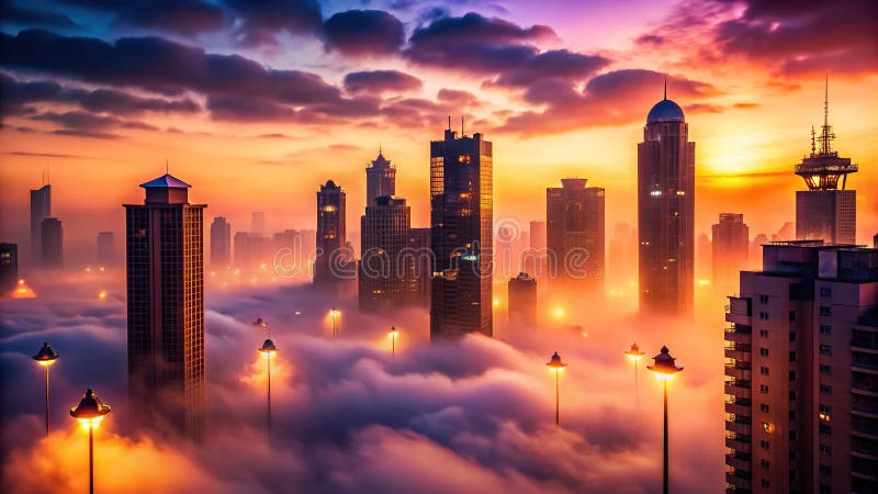 Encantador paisaje de niebla al atardecer una misteriosa panorama urbana pintada en tonos naranja y púrpura libre illustration