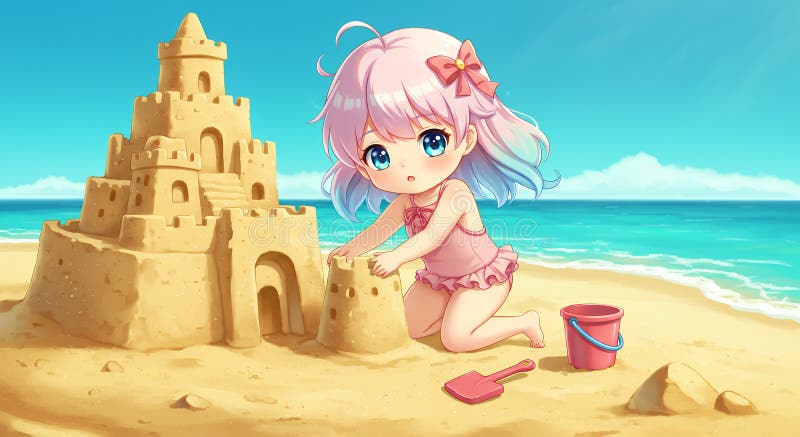 Encantadora animadora esculpiendo un castillo de arena en una playa tropical soleada stock de ilustración