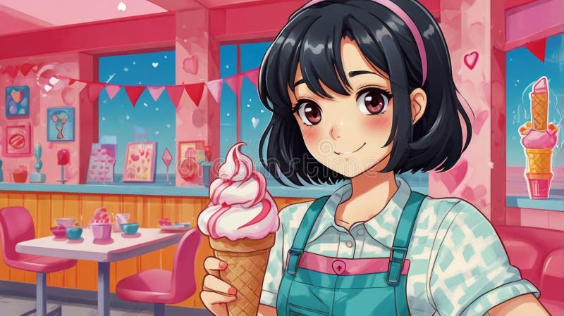 Encantadora anime girl con helado cone en la cafetería temática de valentines stock de ilustración