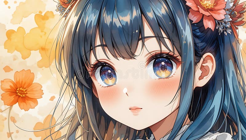 Encantadora anime rodeada de flores en un bosque sereno stock de ilustración