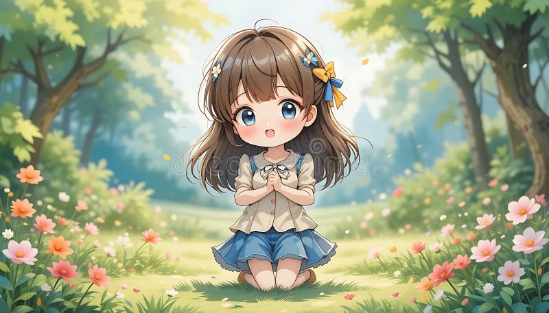 Encantadora anime rodeada de flores en un bosque sereno ilustración del vector