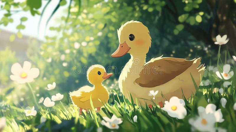 Encantadora caricatura de anime duckling comparte un momento especial con su madre en el paisaje de serene meadow. En una pradera vibrante llena de flores un pequeño y alegre pato mira a su cuidadosa madre