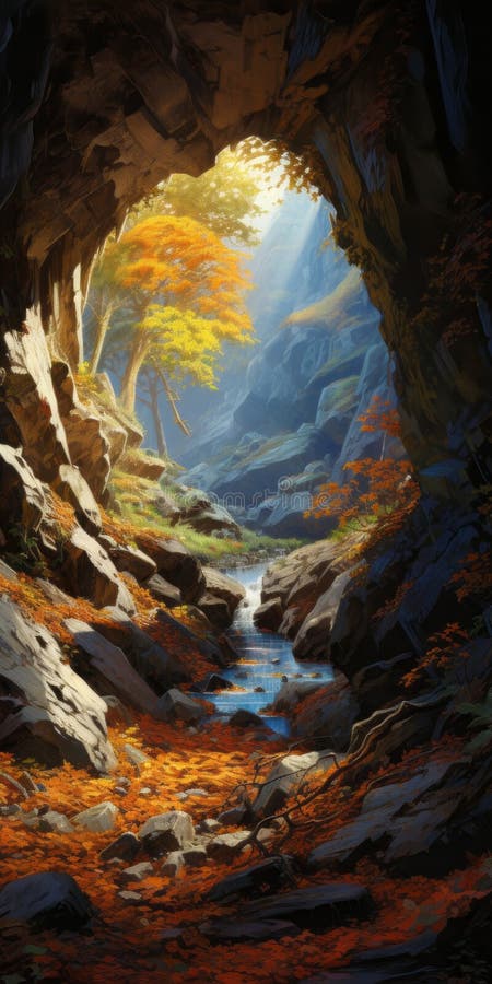 Encantadora cueva forestal con arroyo sereno un cautivador refugio natural stock de ilustración