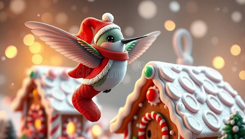 Encantadora interpretación en 3D de un Hummingbird de Navidad volando sobre casas de pan de jengibre ilustración del vector