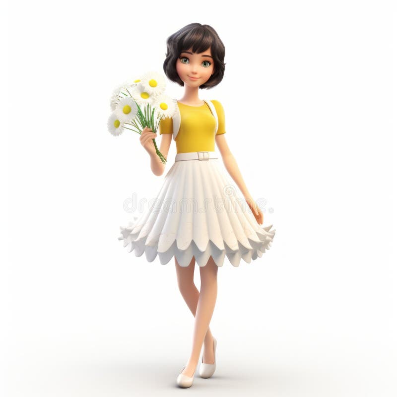 Encantadora niña de 3 años con flores : una animación 3d inspirada en el animado ilustración del vector