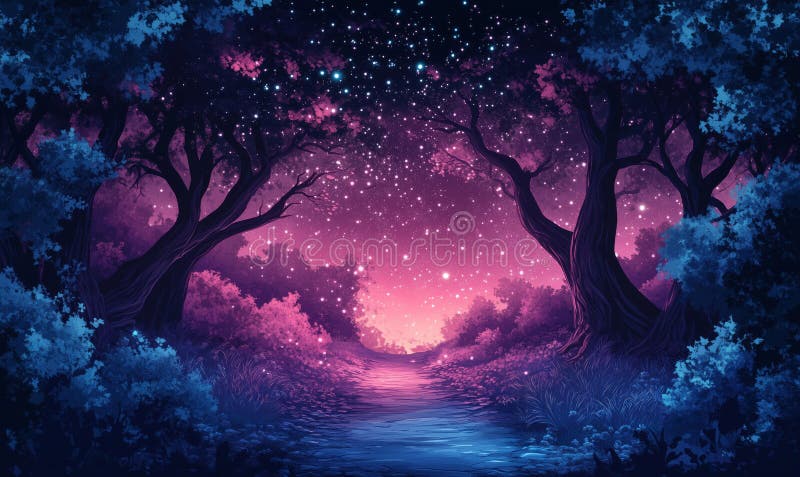 Encantadora noche estrellada en el bosque místico con colores vibrantes y sendero sereno imágenes de archivo libres de regalías