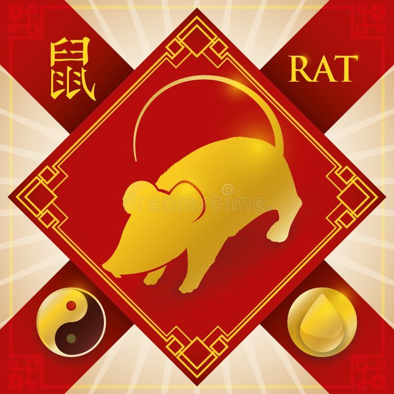 Poster with red good luck charm and golden silhouette of Chinese zodiac animal: Rat -written in Chinese calligraphy- with a drop for the fixed element: water and Yang symbol. Poster with red good luck charm and golden silhouette of Chinese zodiac animal: Rat -written in Chinese calligraphy- with a drop for the fixed element: water and Yang symbol.