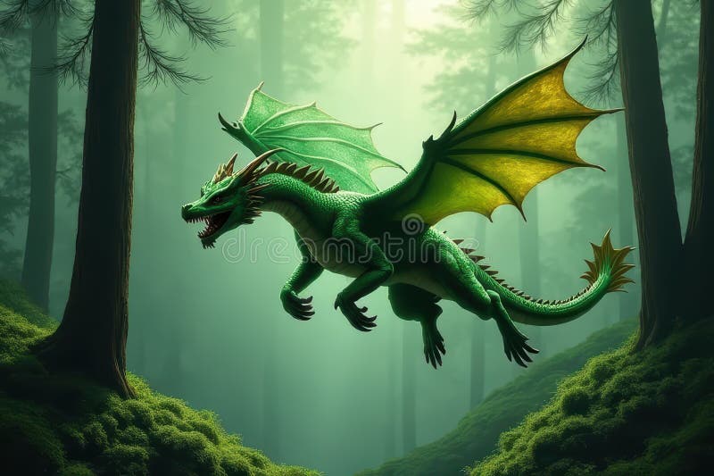 Enchanald Dragon Soaring Over Lush Forest Landcape vektor illustrationer