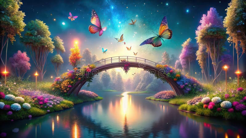 Enchanted bridge across a serene river in a dreamlike fantasy garden with colorful butterflies and illuminated pathways. royalty free illustration