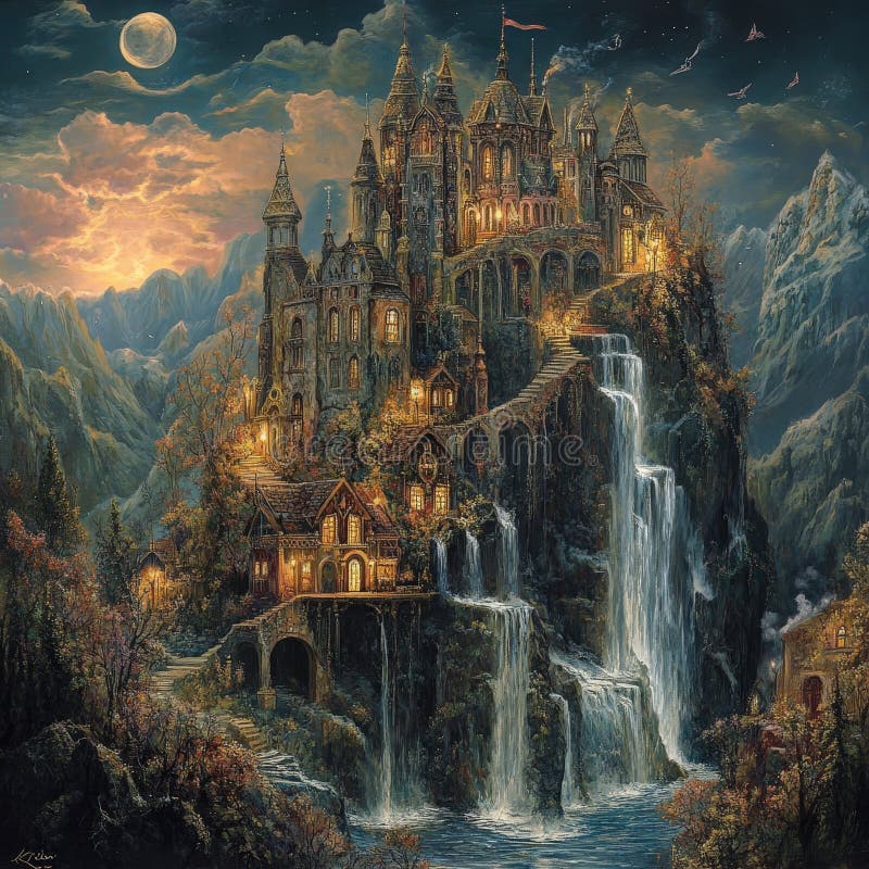 Enchanted castle with waterfalls under moonlit sky stock photos