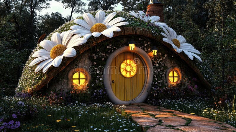 Enchanted Daisy Cottage in a Dark Forest stock illustration
