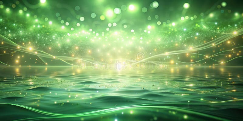 Enchanted emerald waterscape serene glow, glimmering waves, and celestial lights reflecting on a tranquil surface. Generative AI vector illustration