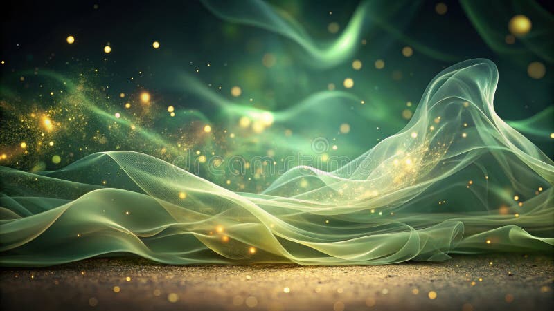 Enchanted emerald waves a mystical abstract background of shimmering green fabric and golden dust particles. Generative AI stock illustration