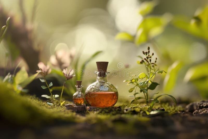 Enchanted Forest Bottles with Herbal Elixirs in Magical Garden Setting. royalty free stock photos
