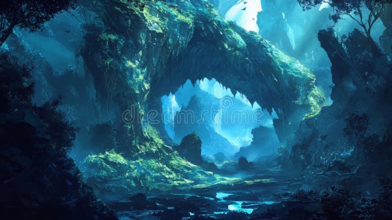 Enchanted Forest Cave : Niebieskie i zielone skały bioluminescencyjne i roślinność łuska ilustracja wektor