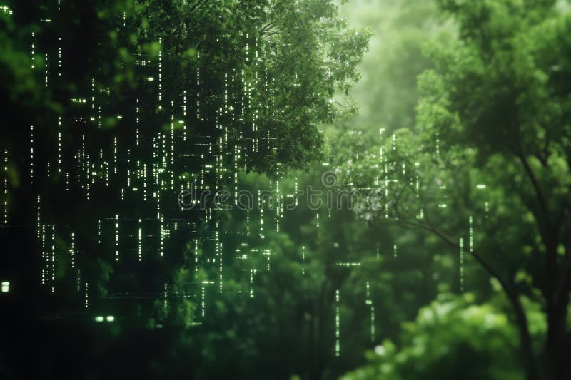 Enchanted Forest with Digital Matrix Code Overlay in Lush Greenery. stock images