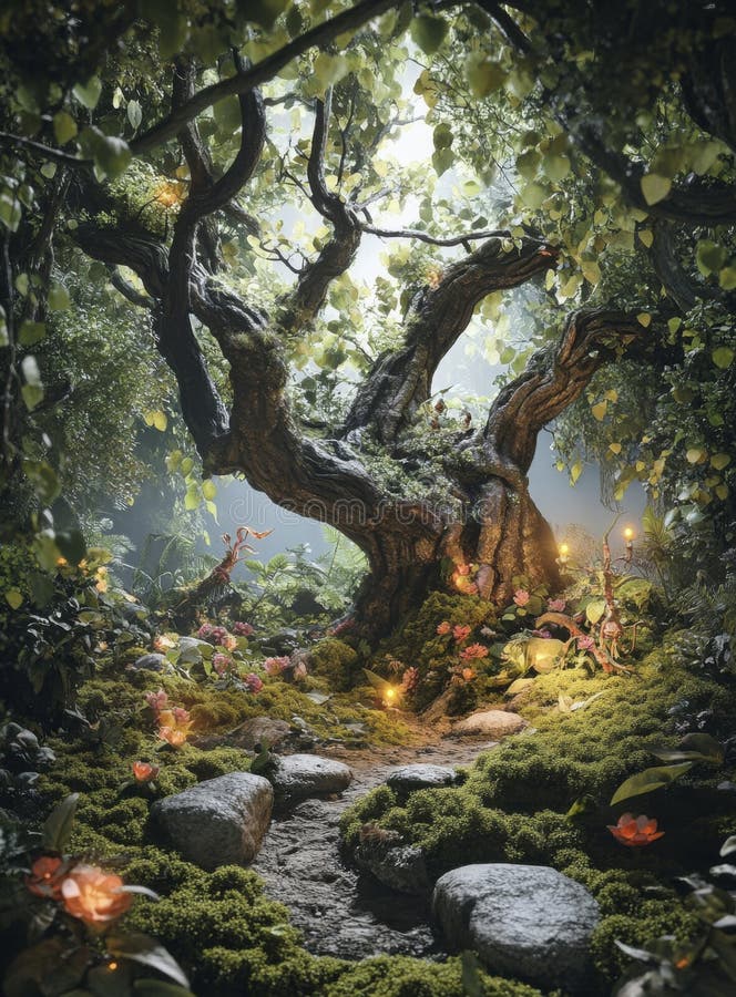 Enchanted Forest with Glowing Flowers and Ancient Tree stock illustration