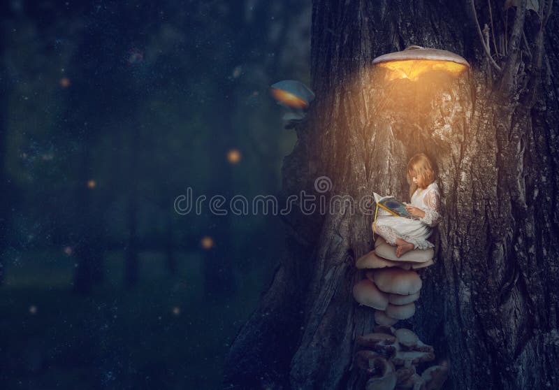 Enchanted forest - little girl sitting under the glowing mushroom, reading her book;. Fantasy,  nature, fairy tale