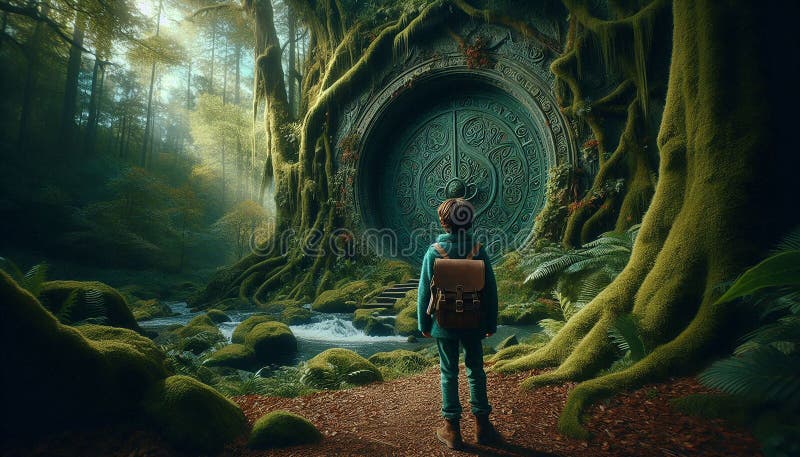 Enchanted Forest with Mystical Doorway and Adventurer stock images
