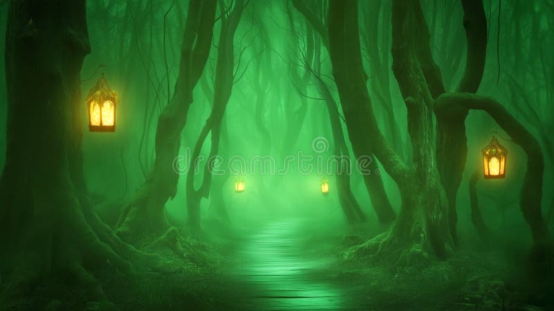 Enchanted forest path with glowing lanterns at night stock illustration