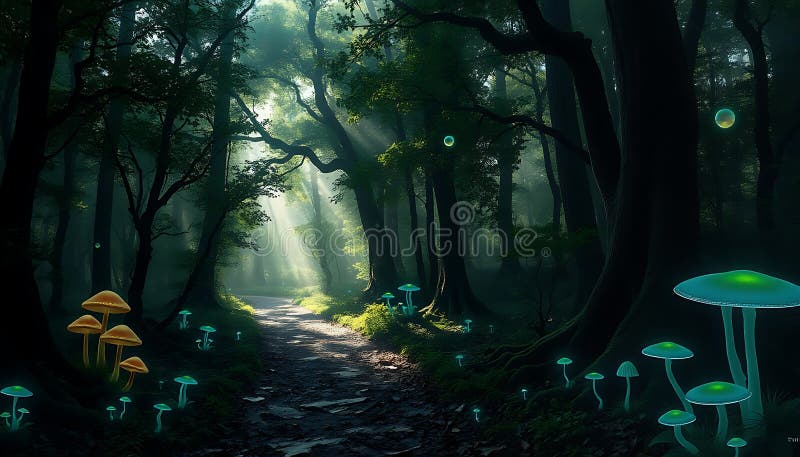 Enchanted forest path with glowing mushrooms, fantasy nature, Stock Photo, Generative AI. An enchanted forest path illuminated by glowing mushrooms, creating a magical fantasy nature scene. This whimsical image evokes wonder, fairytale settings, and the mystical beauty of nature s hidden realms. Stock Photo, Generative AI
