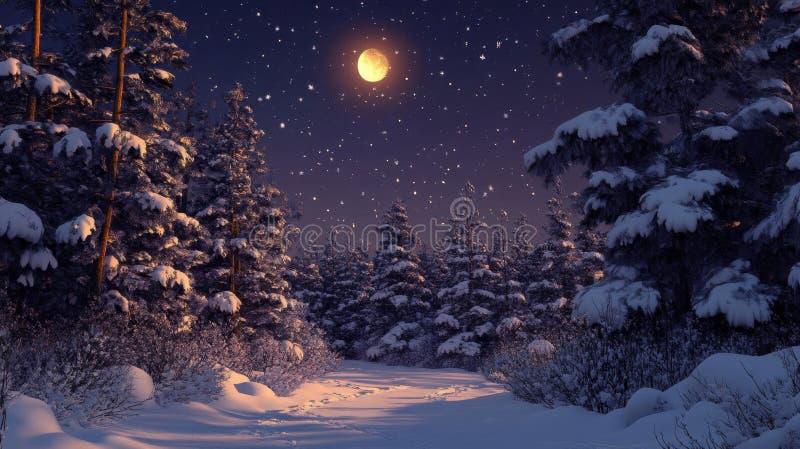 Enchanted Forest Path Under Moonlight, Winter Wonderland, Snowy Trees, Starry Sky, Tranquil Beauty, Serene Nature vector illustration
