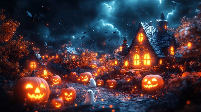 Enchanted Halloween Village With Jack O Lanterns And Ghosts Under A Enchanted Halloween Village With Jack O Lanterns And Ghosts Under A