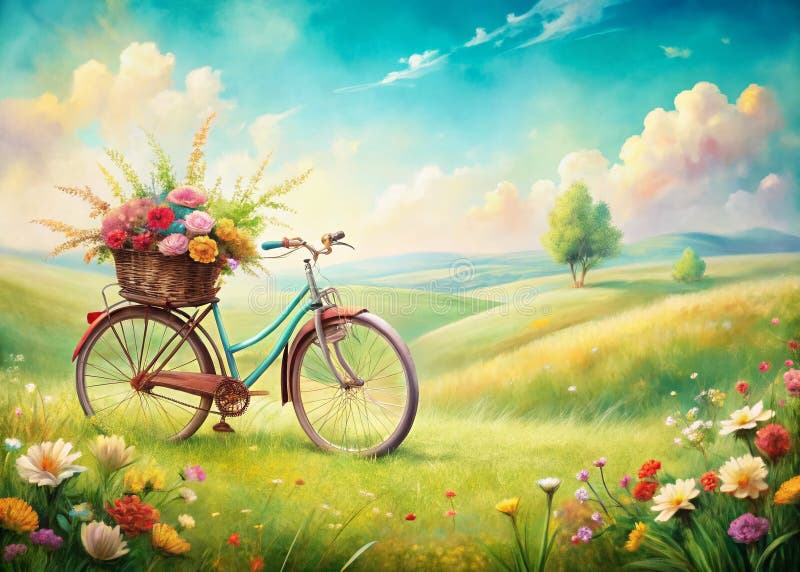 Enchanted Meadow Bike Ride A HandDrawn Floral Bicycle Dream in the SunDrenched Landscape Idealny dla romantyzmu i royalty ilustracja