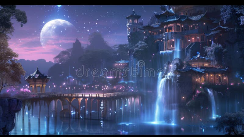 Enchanted moonlit fantasy palace with waterfalls royalty free stock photography