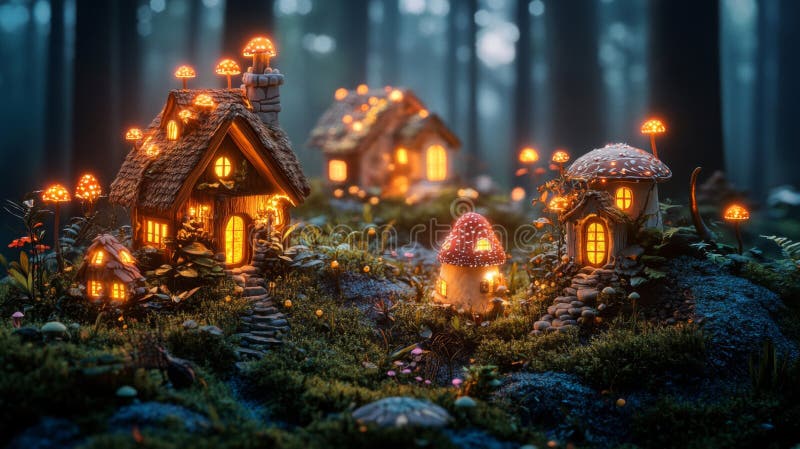 Enchanted Mushroom Houses in a Dark Forest royalty free illustration